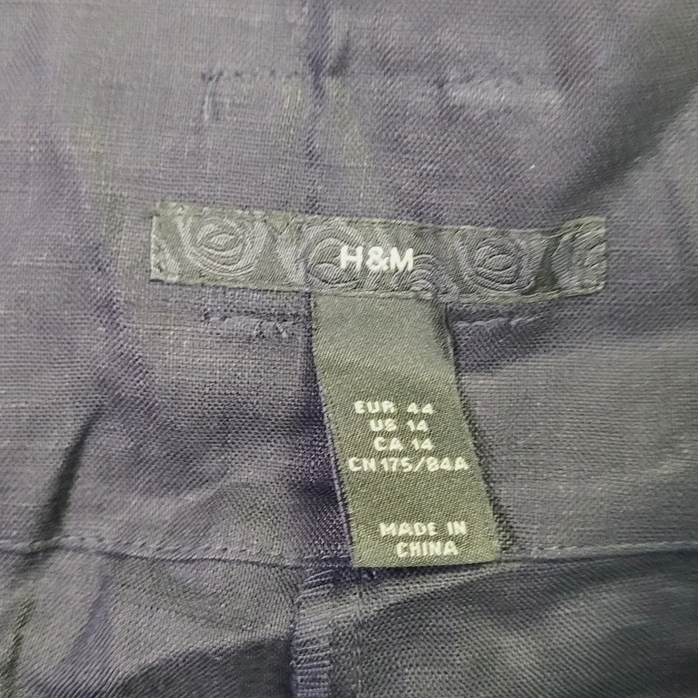H&M Wide Leg Linen Blend Trousers Women's Size 12 Navy Blue Casual Professional